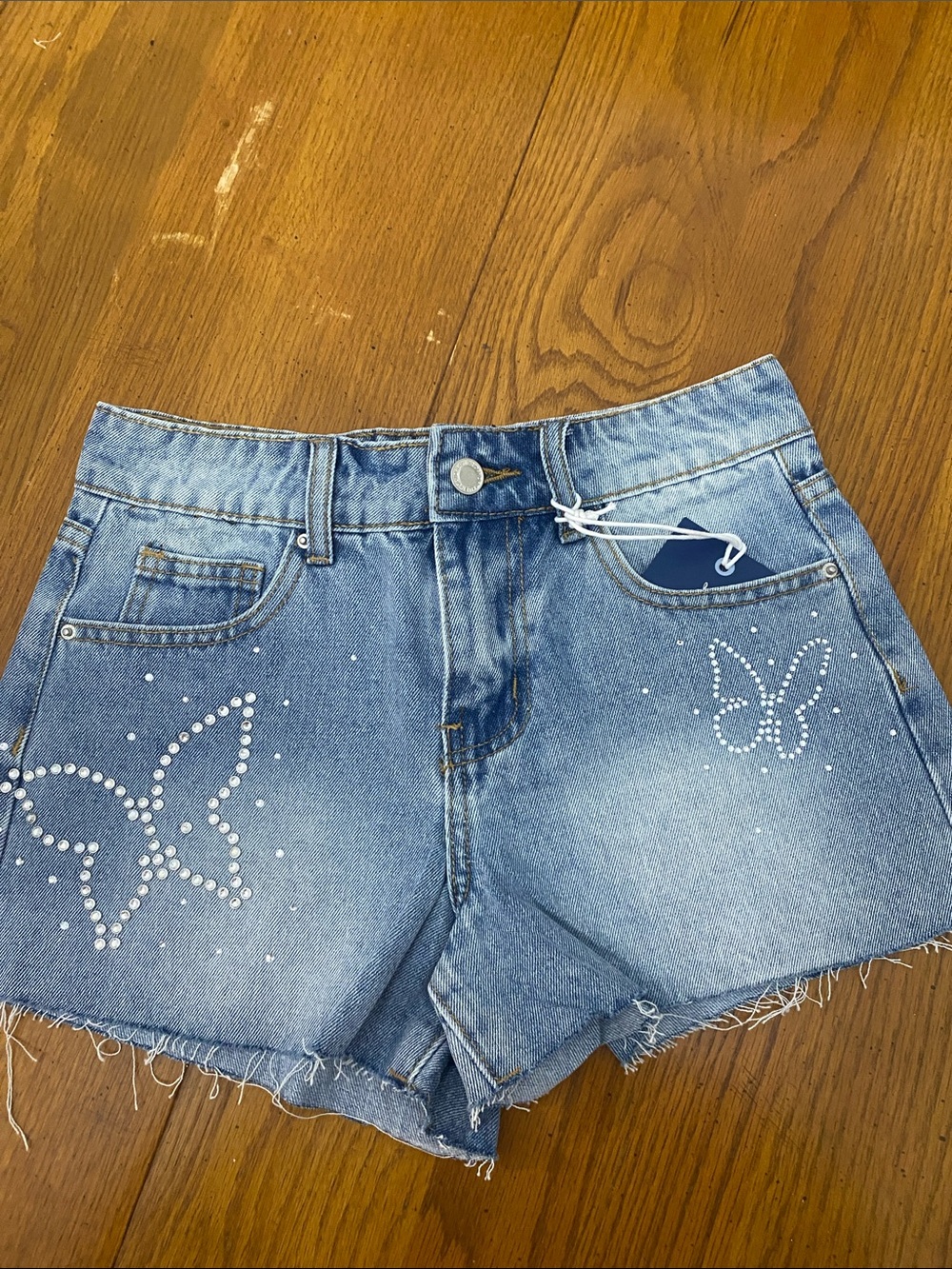Daydreamer Denim Clear Bling Butterfly Denim Shorts - Light Blue Size 0/24 NWT